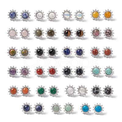 Gemstone Sun Stud Earrings with Cubic Zirconia EJEW-P209-01P-1