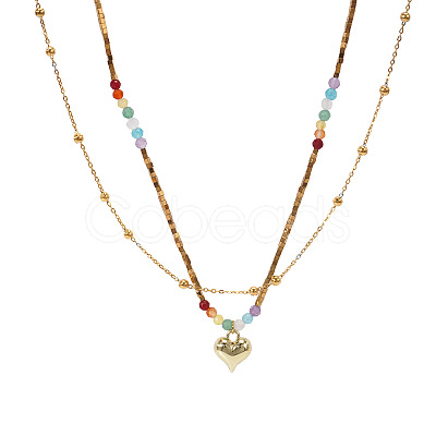 Rainbow Glass & Natural Stone & Brass Beaded Stainless Steel Chain Double Layer Necklaces with Heart Pendant for Beach Vacation Accessories TH6527-1-1