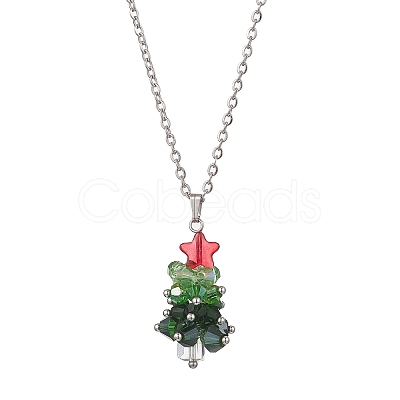 Glass Beaded Star Christmas Tree Pendant 304 Stainless Steel Cable Chain Necklaces NJEW-JN05498-1