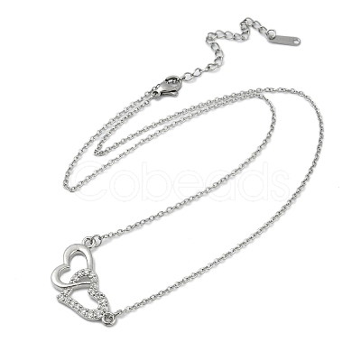 Brass Micro Pave Clear Cubic Zirconia Double Heart Pendant Necklaces NJEW-K280-05P-1