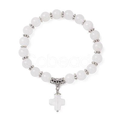 Natural Malaysia Jade Cross Charm Bracelets BJEW-JB12259-04-1