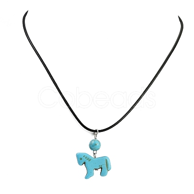 Dyed Synthetic Turquoise Horse Pendant Black Waxed Cord Necklaces NJEW-JN05430-01-1
