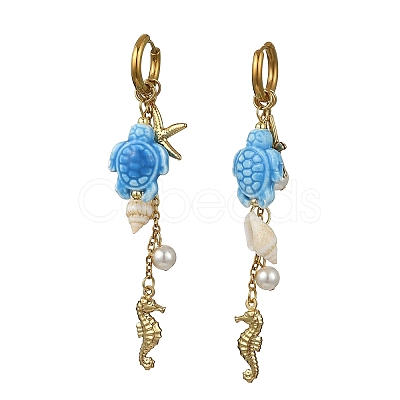 Seahouse 316 Surgical Stainless Steel & Starfish 304 Stainless Steel & Tortoise Porcelain Dangle Hoop Earrings for Women EJEW-JE07129-1