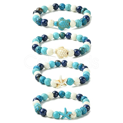 Summer Beach Turtle/Starfish Dyed Synthetic Turquoise Bracelets BJEW-JB10896-1