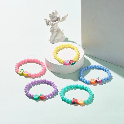 Handmade Polymer Clay Fruit Stretch Bracelet with Round Beads for Kids BJEW-JB07583-1