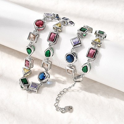 Brass Pave Colorful Cubic Zirconia Geometric Link Chain Necklaces NJEW-P337-01P-1