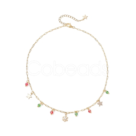 Christmas Brass Pave Clear Cubic Zirconia Snowflake & 304 Stainless Steel Star and Round Glass Tassel Brass Paperclip Chain Bib Necklaces NJEW-JN05504-1