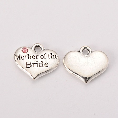 Wedding Theme Antique Silver Tone Tibetan Style Alloy Heart with Mother of the Bride Rhinestone Charms TIBEP-N005-18A-1