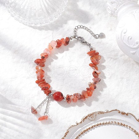 Natural Red Agate Chip Beaded Charm Bracelets for Women BJEW-JB12296-02-1