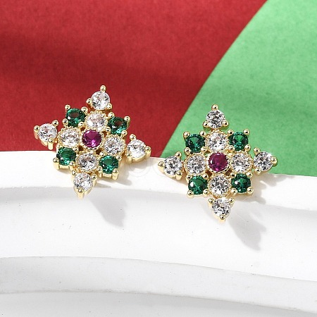Rhombus Brass Micro Pave Cubic Zirconia Stud Earrings EJEW-L306-02G-1