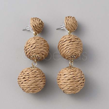 Raffia Grass Round Ball Dangle Stud Earrings EJEW-WH0009-73A-1