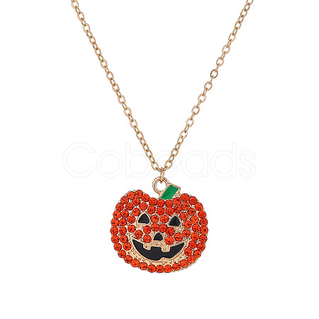 Halloween Alloy Rhinestone Enamel Pumpkin Pendant Necklaces for Unisex WG8A995-01-1