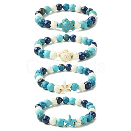 Summer Beach Turtle/Starfish Dyed Synthetic Turquoise Bracelets BJEW-JB10896-1