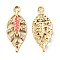 Zinc Alloy Pendants, with Enamel and Rhinestone, Golden, Hollow, Leaf Charm, Orange Red, 24.5x10.5x2.2mm, Hole: 1.8mm