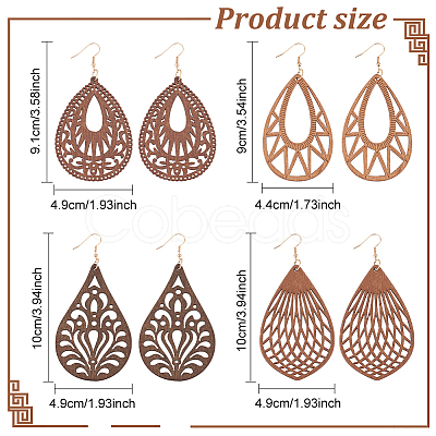 ANATTASOUL 4 Pairs 4 Styles Natural Wood Hollow Out Teardrop Dangle Earrings EJEW-AN0003-55-1