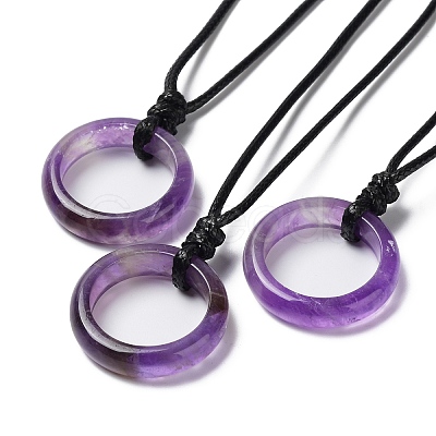 Natural Amethyst Ring Pendant Necklace with Waxed Cords NJEW-R262-01A-06-1