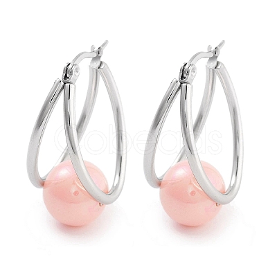 304 Stainless Steel & Plastic Imitation Pearl Oval with Ball Hoop Earrings for Women EJEW-C096-13P-06-1