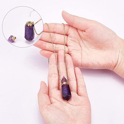 Natural Amethyst Pointed Hexagon Perfume Bottles Pendant Necklace NJEW-CA0001-07A-1