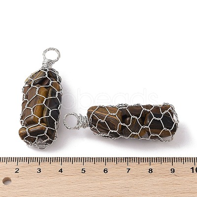 Rack Plating Copper Wire Wrapped Natural Tiger Eye Chip Big Pendants G-C130-01P-01-1