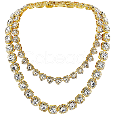 2Pcs 2 Styles Zinc Alloy Pave Square/Heart Clear Glass Tennis Necklaces for Womem NJEW-SP0001-08G-1