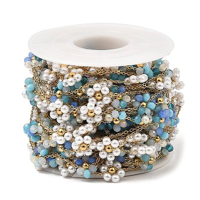 Glass & ABS Plastic Pearl Beaded Flower Link Chains CHS-G028-08G-03-1