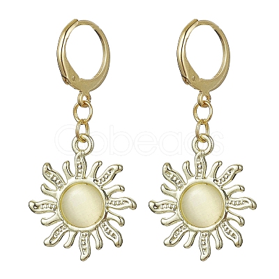 Golden Alloy Sun Shape Dangle Leverback Earrings with Cat Eye EJEW-JE05587-02-1