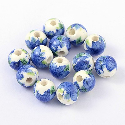 Floral Printed Porcelain Beads X-PORC-Q199-10mm-19-1