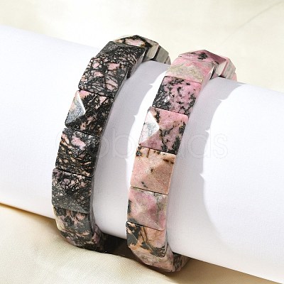 Square Natural Rhodonite Beads Stretch Bracelets for Women Men BJEW-C097-06T-1
