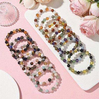 12Pcs 12 Styles Constellation Mixed Gemstone Round Beaded Stretch Bracelet Sets BJEW-JB10910-1