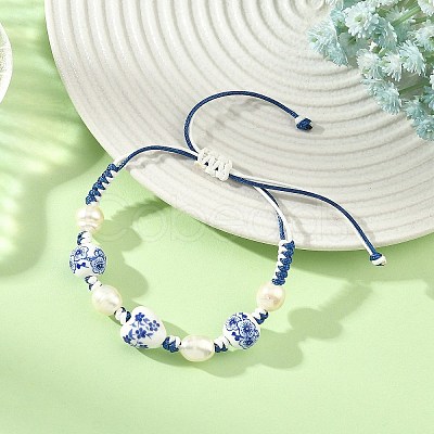 Adjustable Handmade Chinoiserie Floral Printed Porcelain Heart Beads & Natural Pearl Braided Bead Bracelets for Women BJEW-JB14209-1
