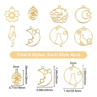 32Pcs 8 Styles Zinc Alloy Kitten Open Back Bezel Pendants PALLOY-SC0003-53G-1