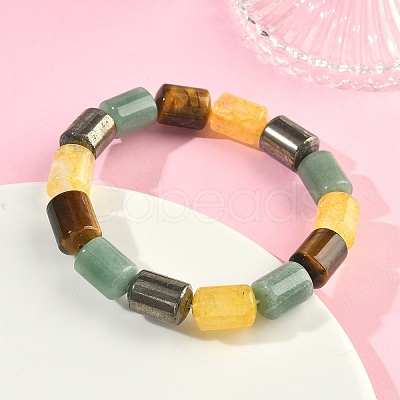 Column Natural Pyrite & Green Aventurine & Tiger Eye & Dyed Orange Quartz Beads Stretch Bracelets for Women Men BJEW-A148-01A-22-1