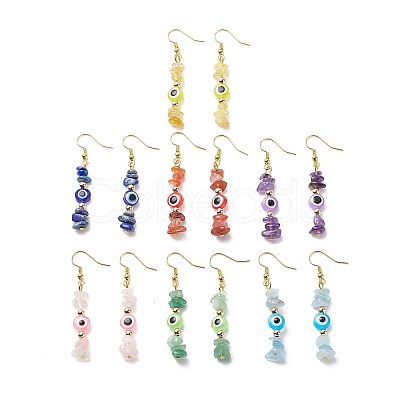 7Pcs 7 Style Natural Mixed Gemstone Chips & Resin Evil Eye Beaded Dangle Earrings EJEW-JE05117-1