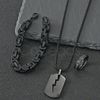304 Stainless Steel Chain Bracelets & Rectangle Pendant Necklaces & Rings for Men FS-WGDB989-01-1