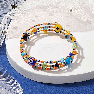 Evil Eye Lampwork & Glass Seed Bead Wrap Bracelet with Steel Wire BJEW-MZ00052-1