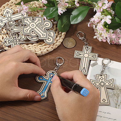 36Pcs 12 Styles Unfinished Wood Cross Keychain DIY-GL0006-34-1