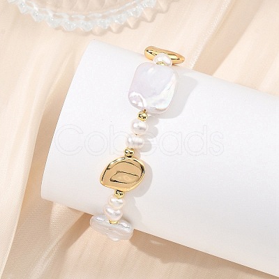 Natural Baroque Pearl Keshi Pearl & Brass Beaded Bracelets for Women BJEW-JB13799-1