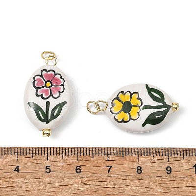 Hand Painted Flower Pattern Oval Porcelain Pendants PALLOY-JF05562-1