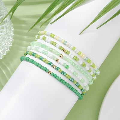 6Pcs Glass Seed & Brass Beaded Stretch Bracelets Set BJEW-JB09538-02-1