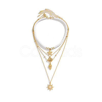 Summer Beach Alloy & White Polymer Clay Heishi Beads Starfish Shell Sun Pendant Multi Layered Necklaces for Women FS-WG8B7EE-01-1