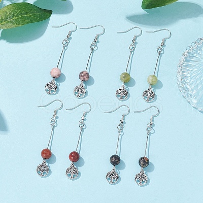 4 Pairs Natural Gemstone Round Beaded Dangle Earrings EJEW-JE05630-1