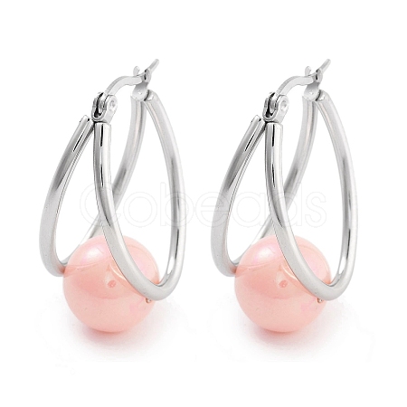 304 Stainless Steel & Plastic Imitation Pearl Oval with Ball Hoop Earrings for Women EJEW-C096-13P-06-1