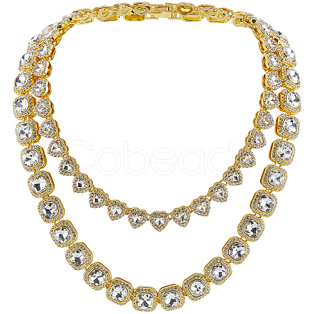 2Pcs 2 Styles Zinc Alloy Pave Square/Heart Clear Glass Tennis Necklaces for Womem NJEW-SP0001-08G-1