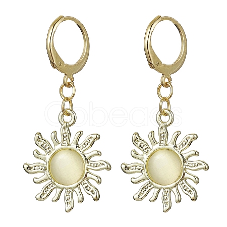 Golden Alloy Sun Shape Dangle Leverback Earrings with Cat Eye EJEW-JE05587-02-1
