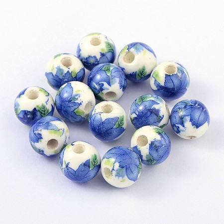 Floral Printed Porcelain Beads X-PORC-Q199-10mm-19-1
