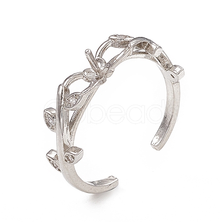 Branch Leaf Rack Plating Brass with Clear Cubic Zirconia Open Cuff Ring Settings KK-G455-12P-1