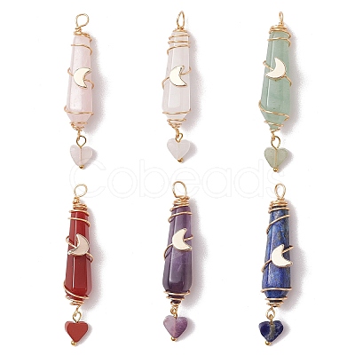 6Pcs 6 Styles Natural Carnelian & Green Aventurine & Rose Quartz & Quartz Crystal & Lapis Lazuli & Amethyst Copper Wire Wrapped Faceted Bullet Heart Pendants PALLOY-JF03482-03-1