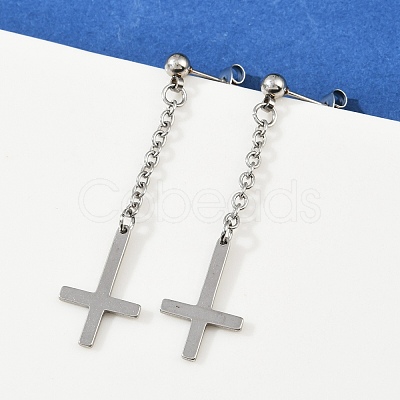 Christian Upside Down Cross 201 Stainless Steel Dangle Stud Earrings EJEW-P314-01B-P-1