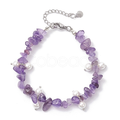 Natural Amethyst Chip & Glass Shell Round Beaded Bracelets BJEW-JB12303-02-1