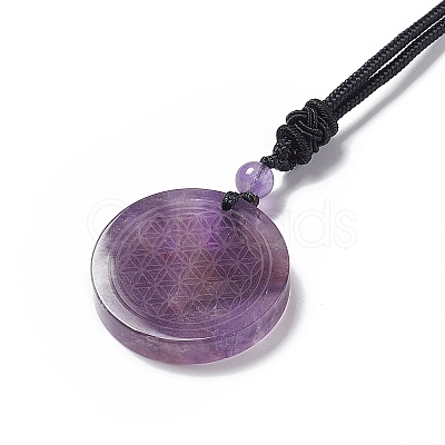 Natural Amethyst Flat Round with Flower of Life Pendant Necklace with Nylon Cord for Women NJEW-P274-02-02-1